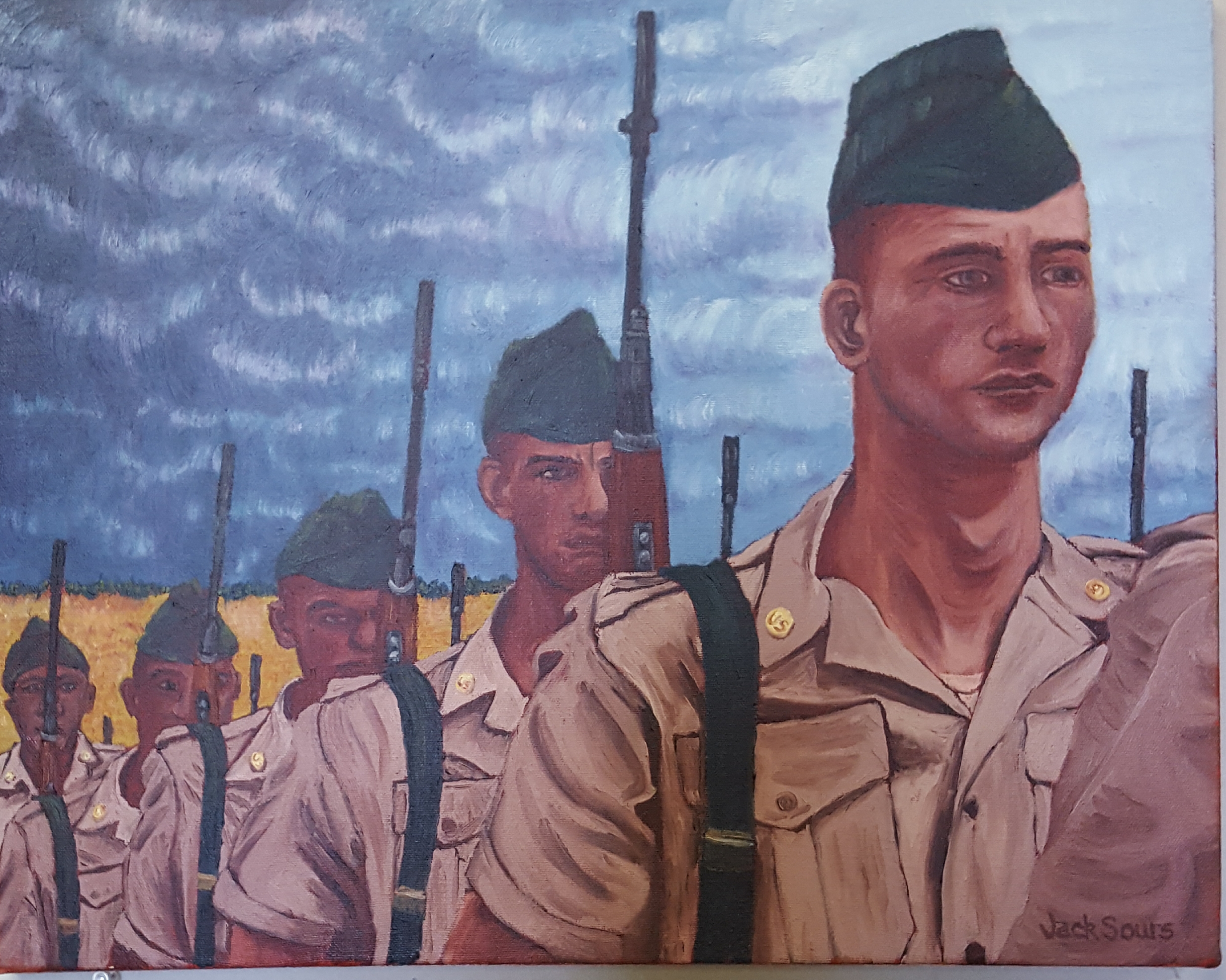 Painting of young Vietnam soldiers in a row