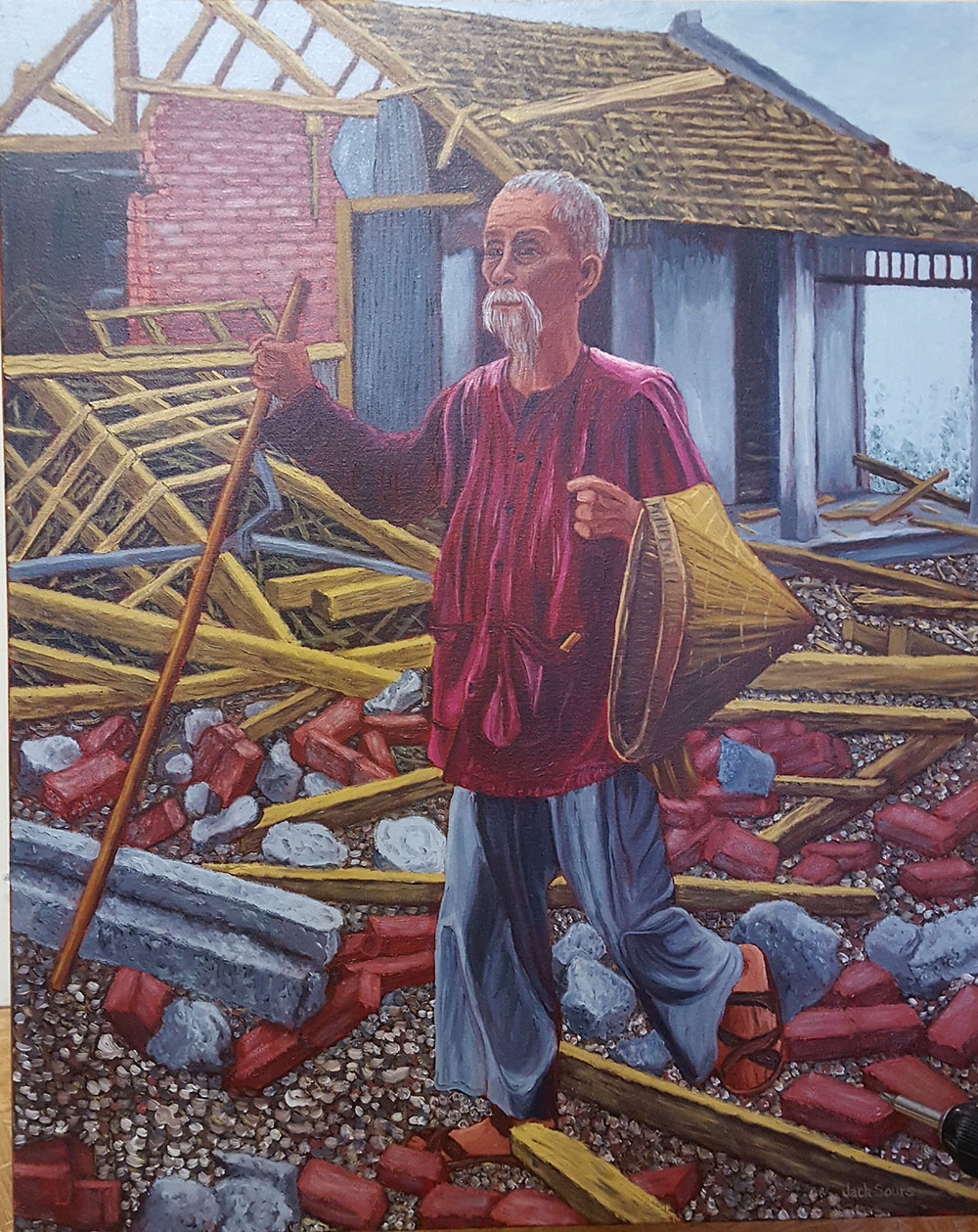 Painting titled, “Old Man bombed out for 2nd time”